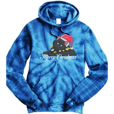 Black Cat Wearing A Santa Hat And Merry Christmas Lights Gift Tie Dye Hoodie