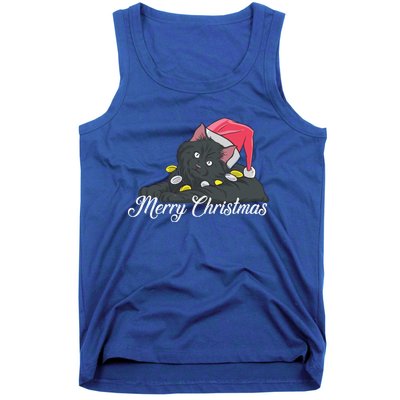 Black Cat Wearing A Santa Hat And Merry Christmas Lights Gift Tank Top