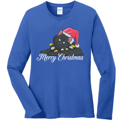 Black Cat Wearing A Santa Hat And Merry Christmas Lights Gift Ladies Long Sleeve Shirt