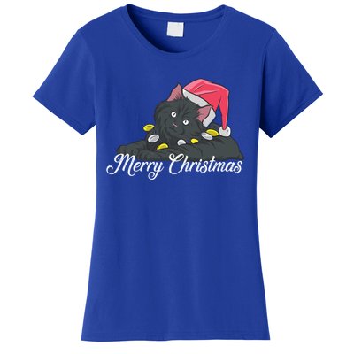 Black Cat Wearing A Santa Hat And Merry Christmas Lights Gift Women's T-Shirt