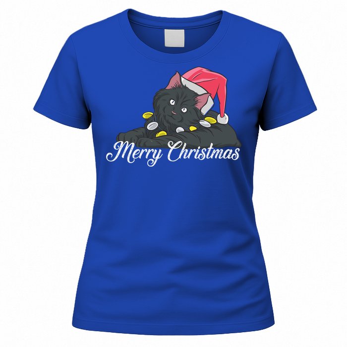 Black Cat Wearing A Santa Hat And Merry Christmas Lights Gift Women's T-Shirt