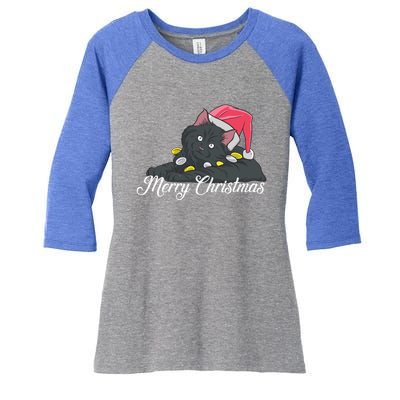 Black Cat Wearing A Santa Hat And Merry Christmas Lights Gift Women's Tri-Blend 3/4-Sleeve Raglan Shirt