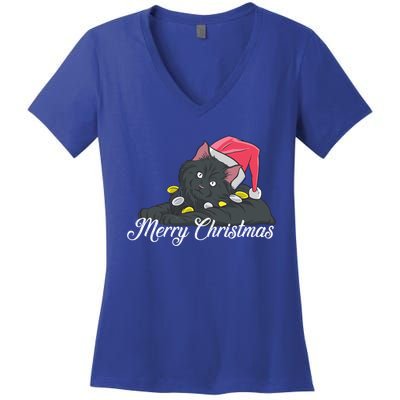 Black Cat Wearing A Santa Hat And Merry Christmas Lights Gift Women's V-Neck T-Shirt