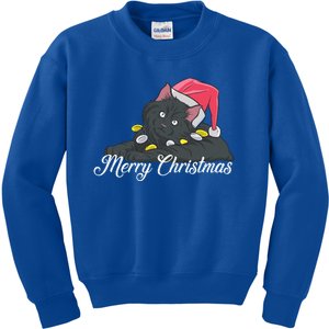 Black Cat Wearing A Santa Hat And Merry Christmas Lights Gift Kids Sweatshirt