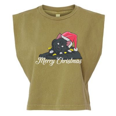 Black Cat Wearing A Santa Hat And Merry Christmas Lights Gift Garment-Dyed Women's Muscle Tee