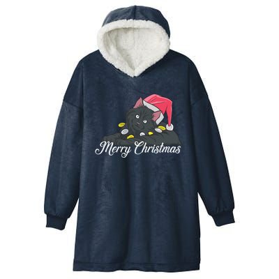 Black Cat Wearing A Santa Hat And Merry Christmas Lights Gift Hooded Wearable Blanket