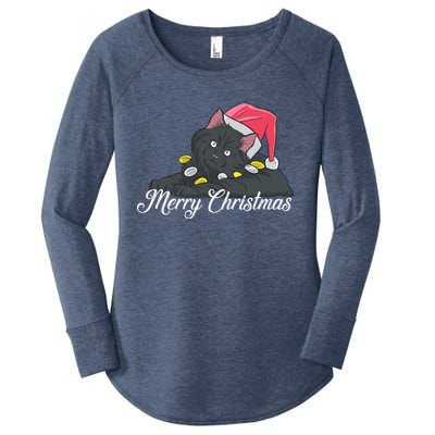 Black Cat Wearing A Santa Hat And Merry Christmas Lights Gift Women's Perfect Tri Tunic Long Sleeve Shirt