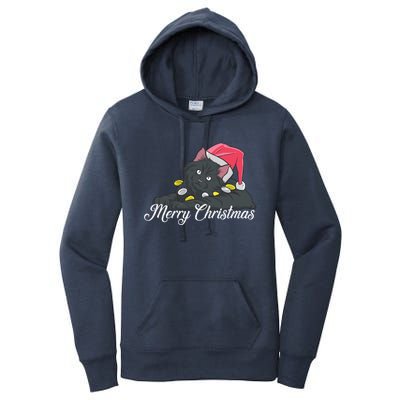 Black Cat Wearing A Santa Hat And Merry Christmas Lights Gift Women's Pullover Hoodie