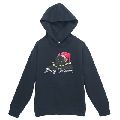 Black Cat Wearing A Santa Hat And Merry Christmas Lights Gift Urban Pullover Hoodie