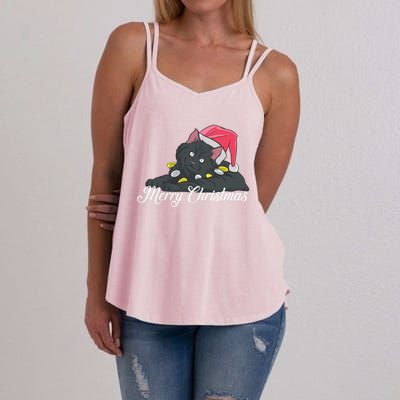 Black Cat Wearing A Santa Hat And Merry Christmas Lights Gift Women's Strappy Tank