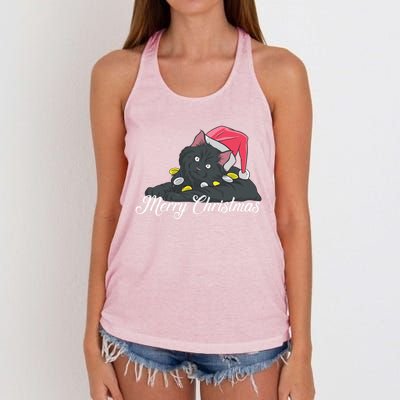 Black Cat Wearing A Santa Hat And Merry Christmas Lights Gift Women's Knotted Racerback Tank