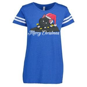 Black Cat Wearing A Santa Hat And Merry Christmas Lights Gift Enza Ladies Jersey Football T-Shirt