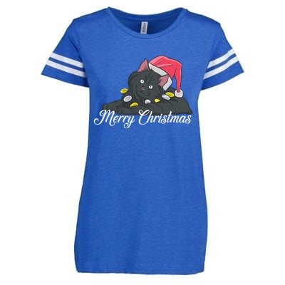 Black Cat Wearing A Santa Hat And Merry Christmas Lights Gift Enza Ladies Jersey Football T-Shirt