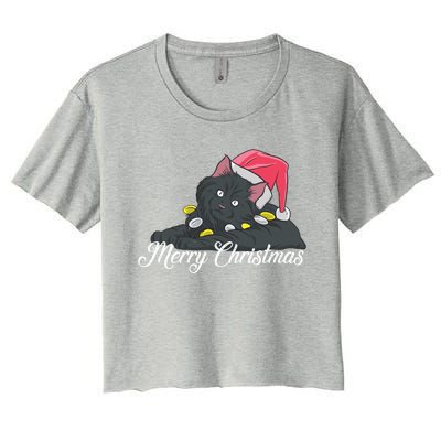 Black Cat Wearing A Santa Hat And Merry Christmas Lights Gift Women's Crop Top Tee