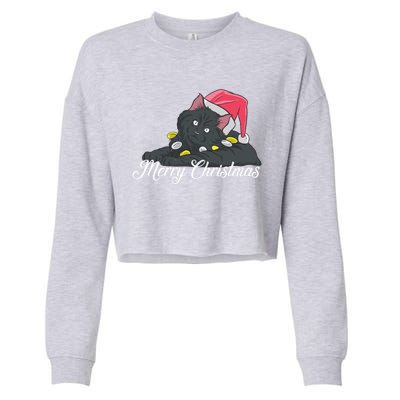 Black Cat Wearing A Santa Hat And Merry Christmas Lights Gift Cropped Pullover Crew