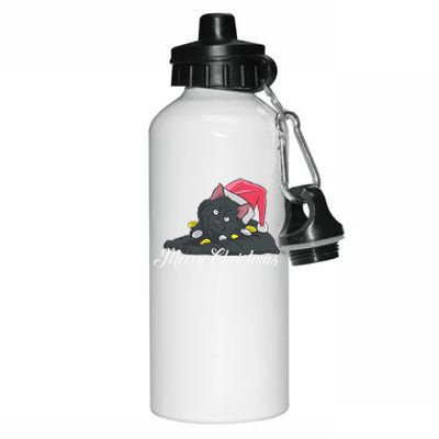 Black Cat Wearing A Santa Hat And Merry Christmas Lights Gift Aluminum Water Bottle