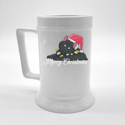 Black Cat Wearing A Santa Hat And Merry Christmas Lights Gift Beer Stein