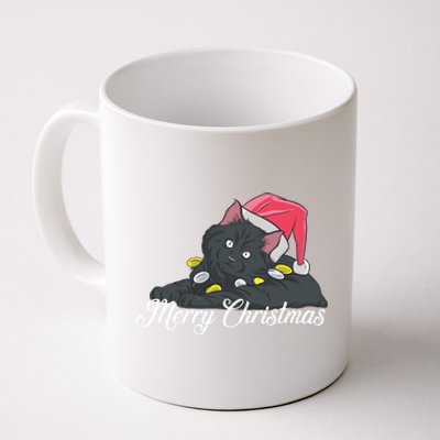 Black Cat Wearing A Santa Hat And Merry Christmas Lights Gift Coffee Mug