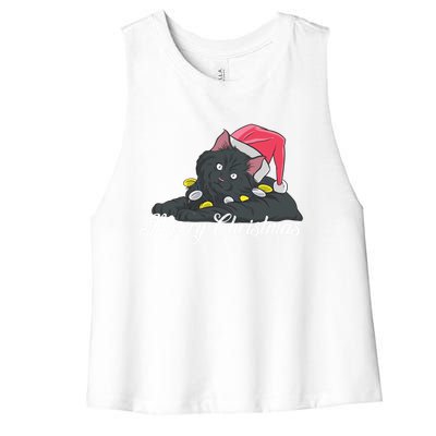 Black Cat Wearing A Santa Hat And Merry Christmas Lights Gift Women's Racerback Cropped Tank