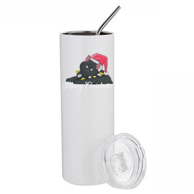 Black Cat Wearing A Santa Hat And Merry Christmas Lights Gift Stainless Steel Tumbler