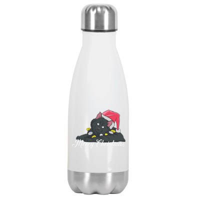 Black Cat Wearing A Santa Hat And Merry Christmas Lights Gift Stainless Steel Insulated Water Bottle