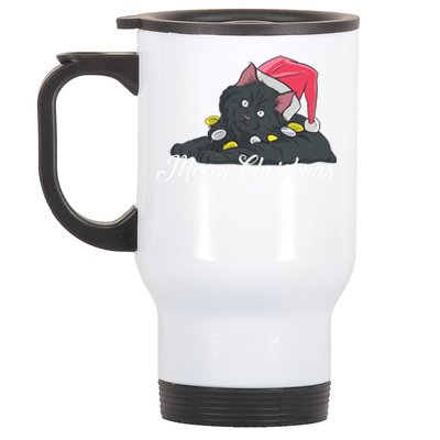 Black Cat Wearing A Santa Hat And Merry Christmas Lights Gift Stainless Steel Travel Mug