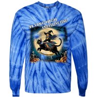 Black Cat Witch Full Moon Vintage Halloween Feline Rider Gift Tie-Dye Long Sleeve Shirt