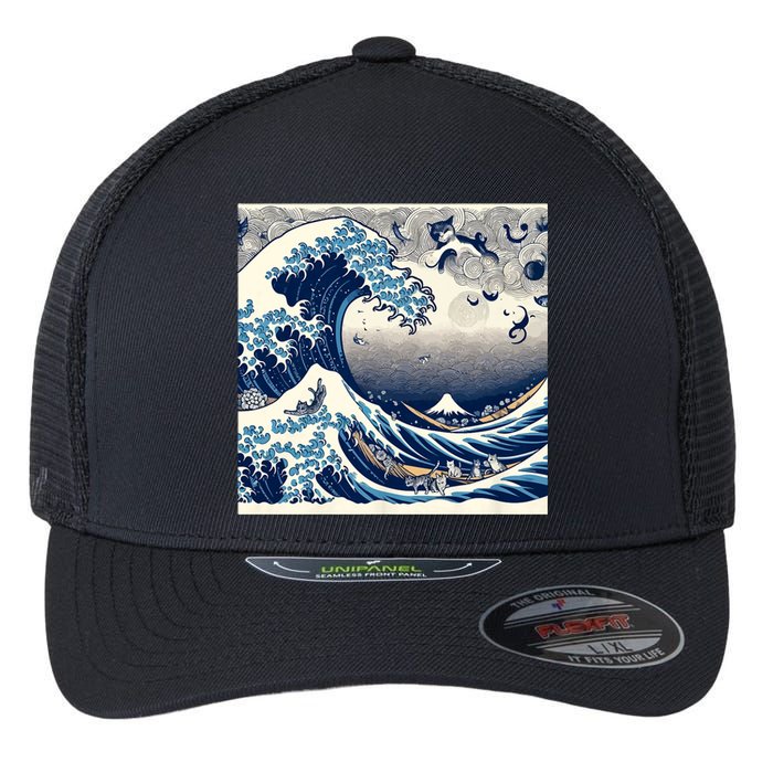 Blue Cats Wave For Kamala Funny Cat Ladies Flexfit Unipanel Trucker Cap