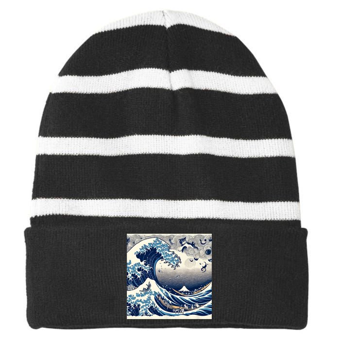 Blue Cats Wave For Kamala Funny Cat Ladies Striped Beanie with Solid Band