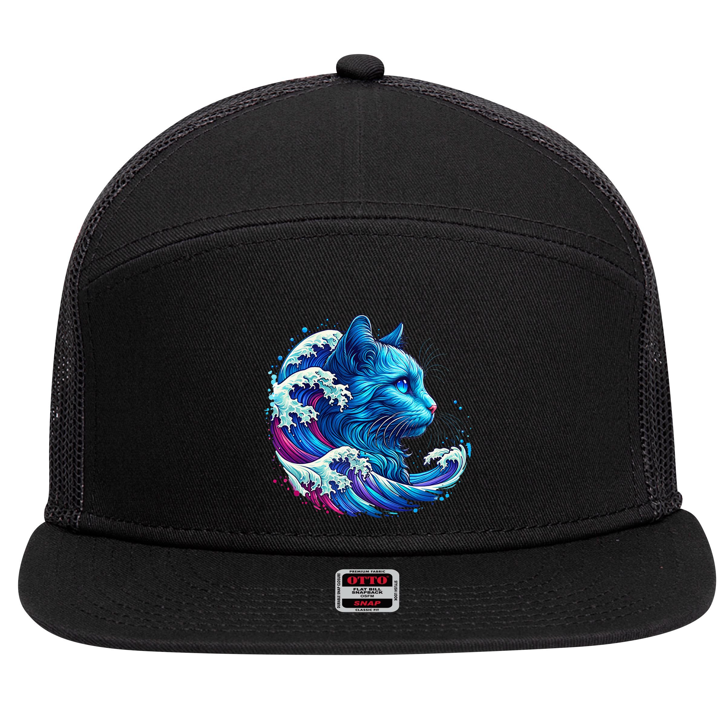 Blue Cat Wave Illustrations 7 Panel Mesh Trucker Snapback Hat
