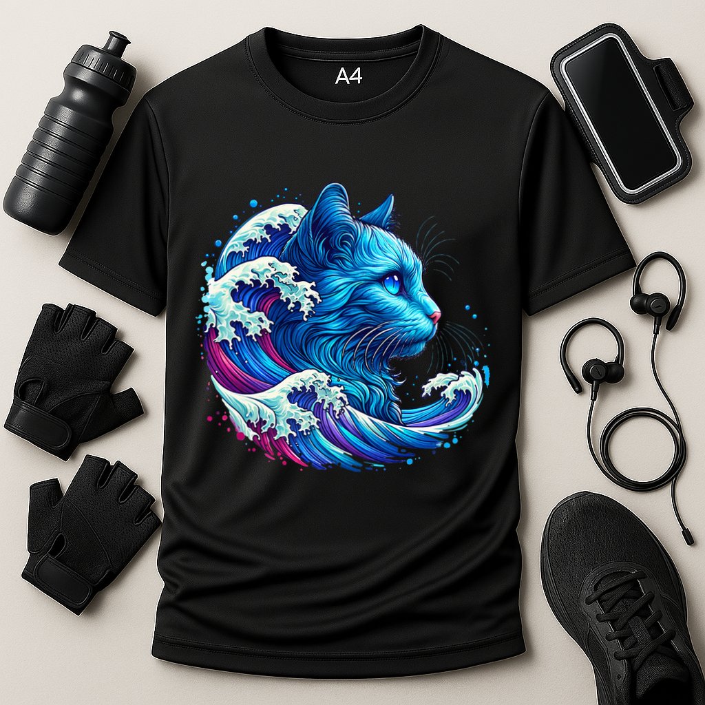 Blue Cat Wave Illustrations Performance Shirt
