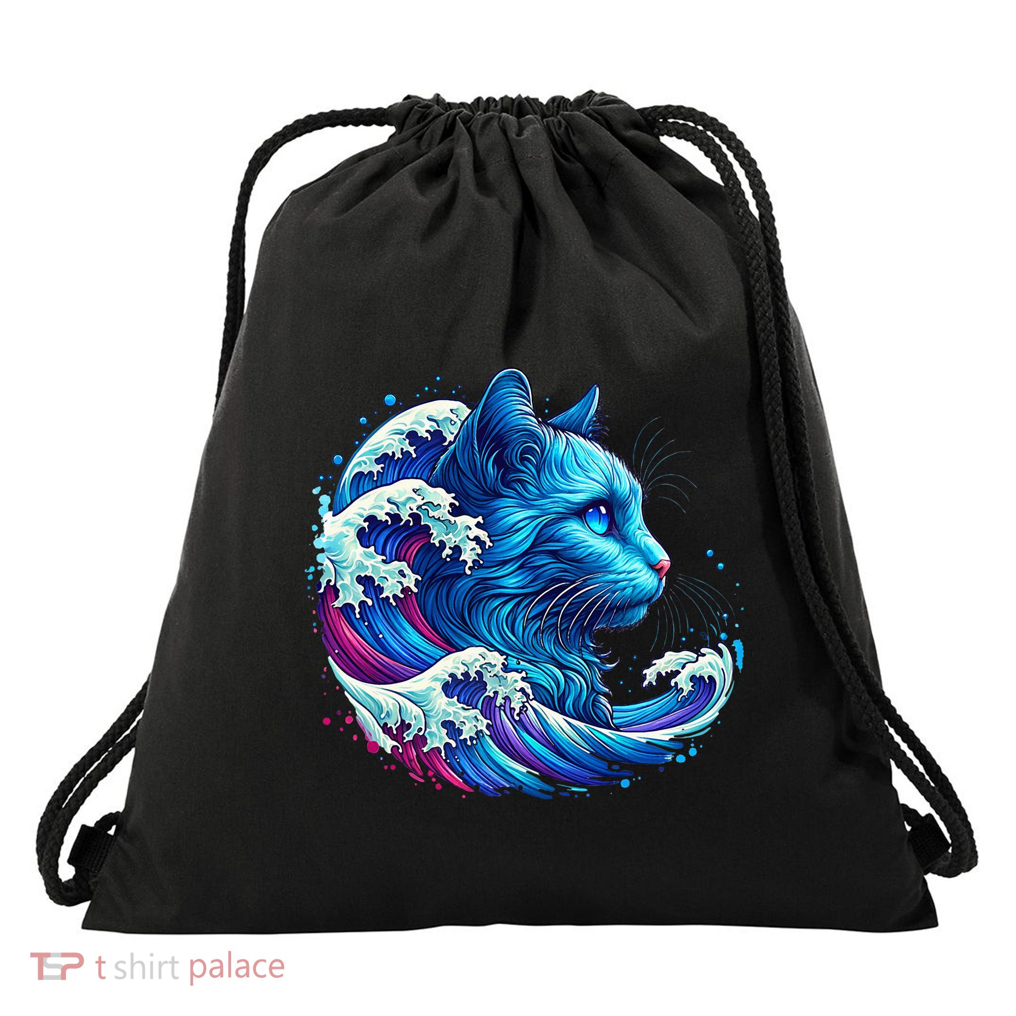 Blue Cat Wave Illustrations Drawstring Bag