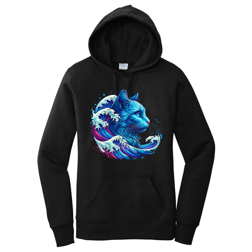 Blue Cat Wave Illustrations Women's Pullover Hoodie