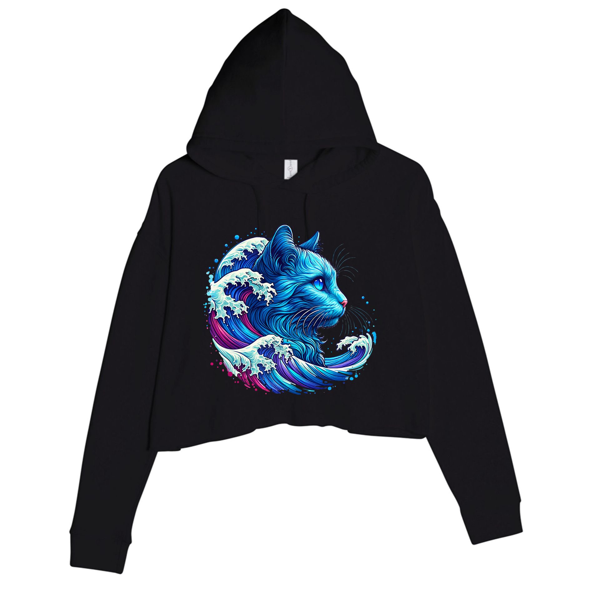Blue Cat Wave Illustrations Crop Fleece Hoodie