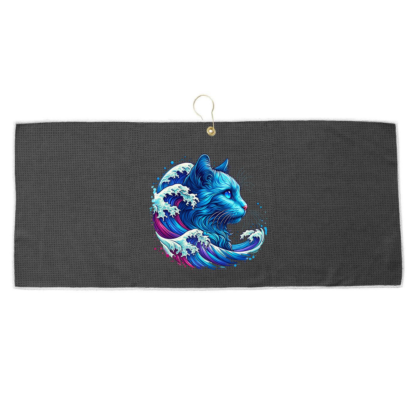 Blue Cat Wave Illustrations Large Microfiber Waffle Golf Towel