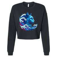Blue Cat Wave Illustrations Cropped Pullover Crew