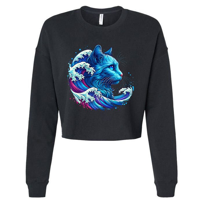 Blue Cat Wave Illustrations Cropped Pullover Crew