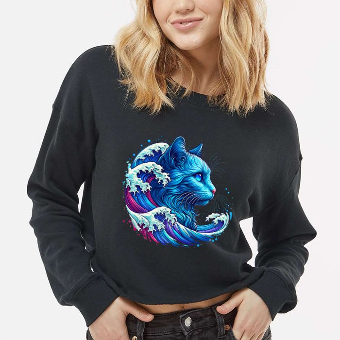 Blue Cat Wave Illustrations Cropped Pullover Crew