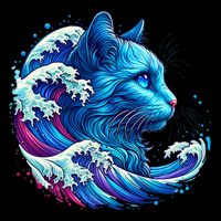Blue Cat Wave Illustrations Cropped Pullover Crew