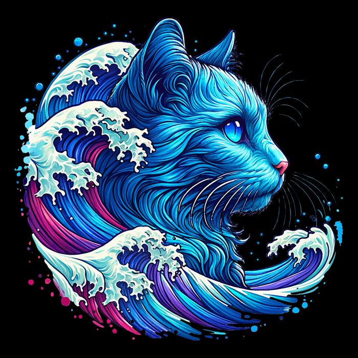 Blue Cat Wave Illustrations Cropped Pullover Crew