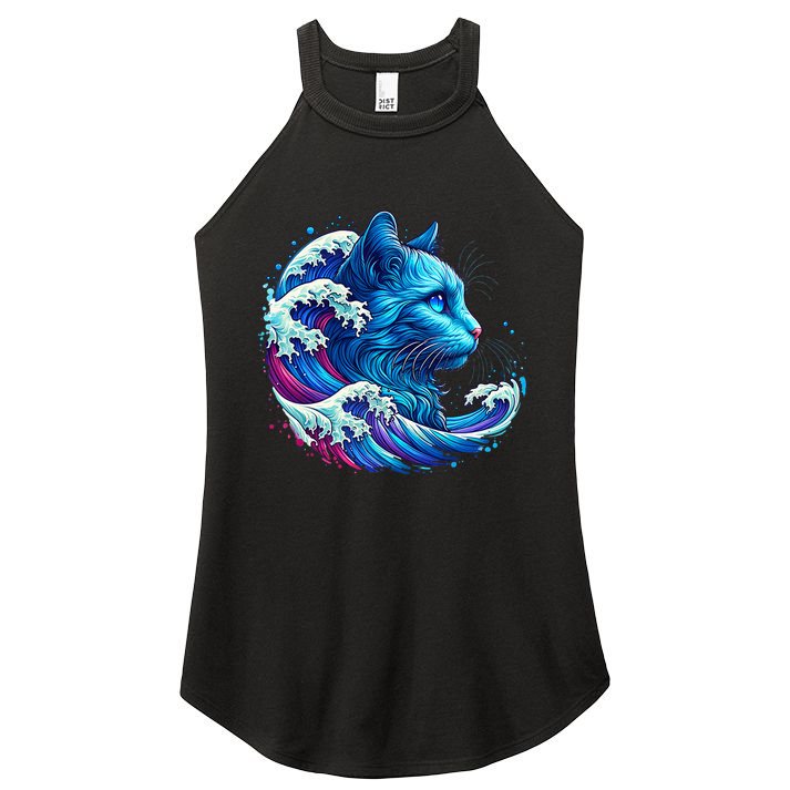 Blue Cat Wave Illustrations Women's Perfect Tri Rocker Tank