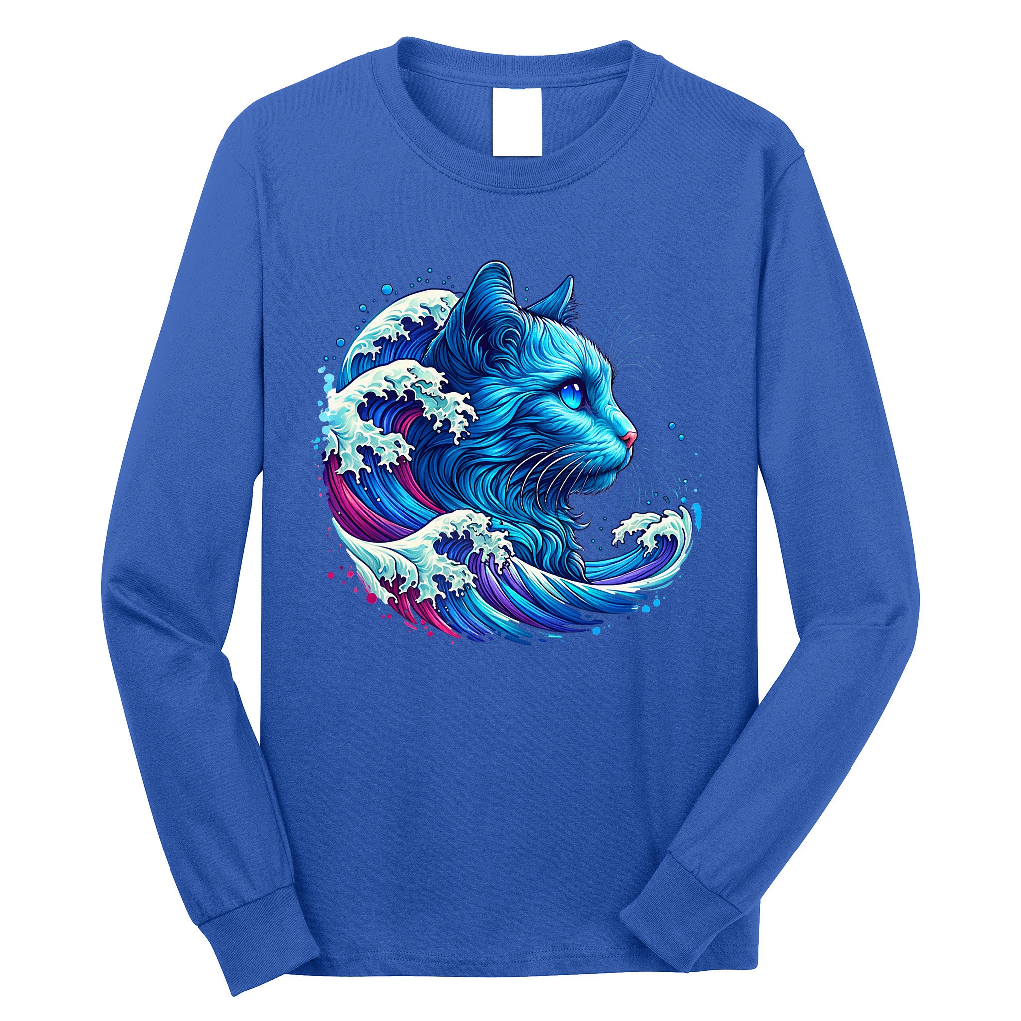 Blue Cat Wave Illustrations Long Sleeve Shirt