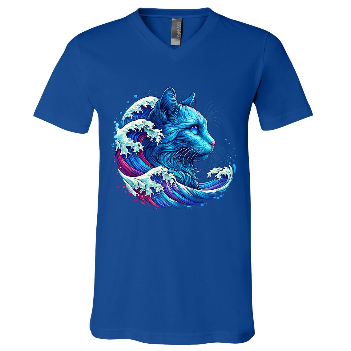 Blue Cat Wave Illustrations V-Neck T-Shirt