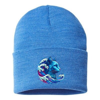 Blue Cat Wave Illustrations Sustainable Knit Beanie