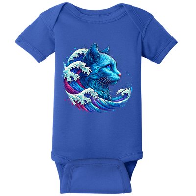 Blue Cat Wave Illustrations Baby Bodysuit