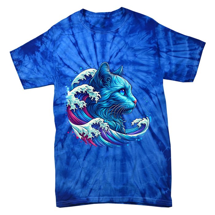 Blue Cat Wave Illustrations Tie-Dye T-Shirt