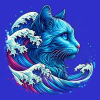Blue Cat Wave Illustrations Tie-Dye T-Shirt