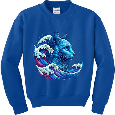 Blue Cat Wave Illustrations Kids Sweatshirt