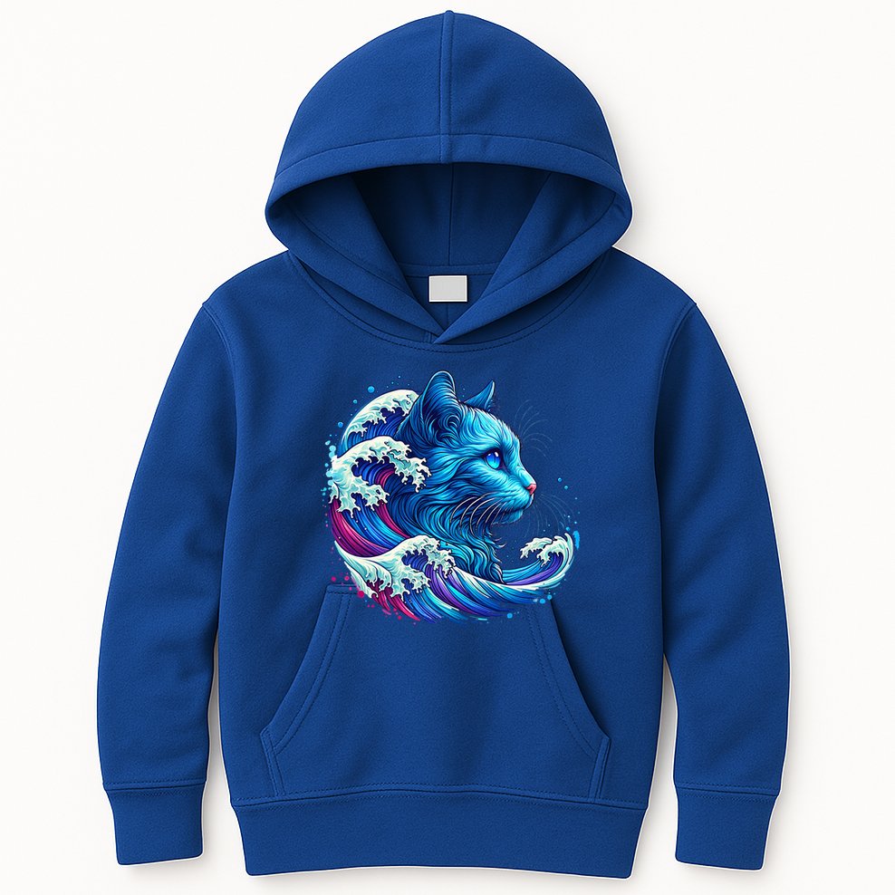 Blue Cat Wave Illustrations Kids Hoodie