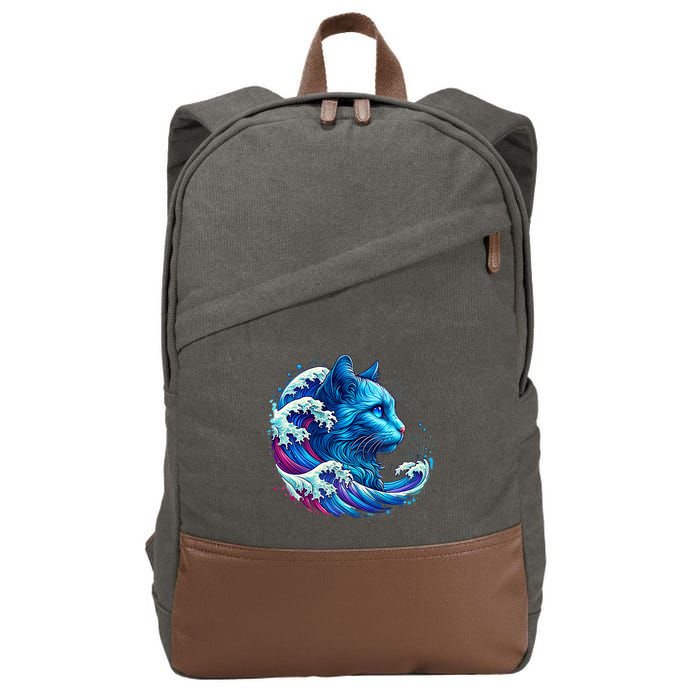 Blue Cat Wave Illustrations Cotton Canvas Backpack